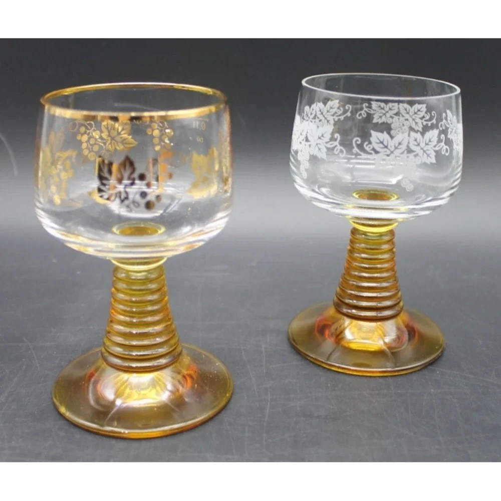 Vintage Romer Cordial Glasses Amber Beehive Stem Gold White Floral Set of 2